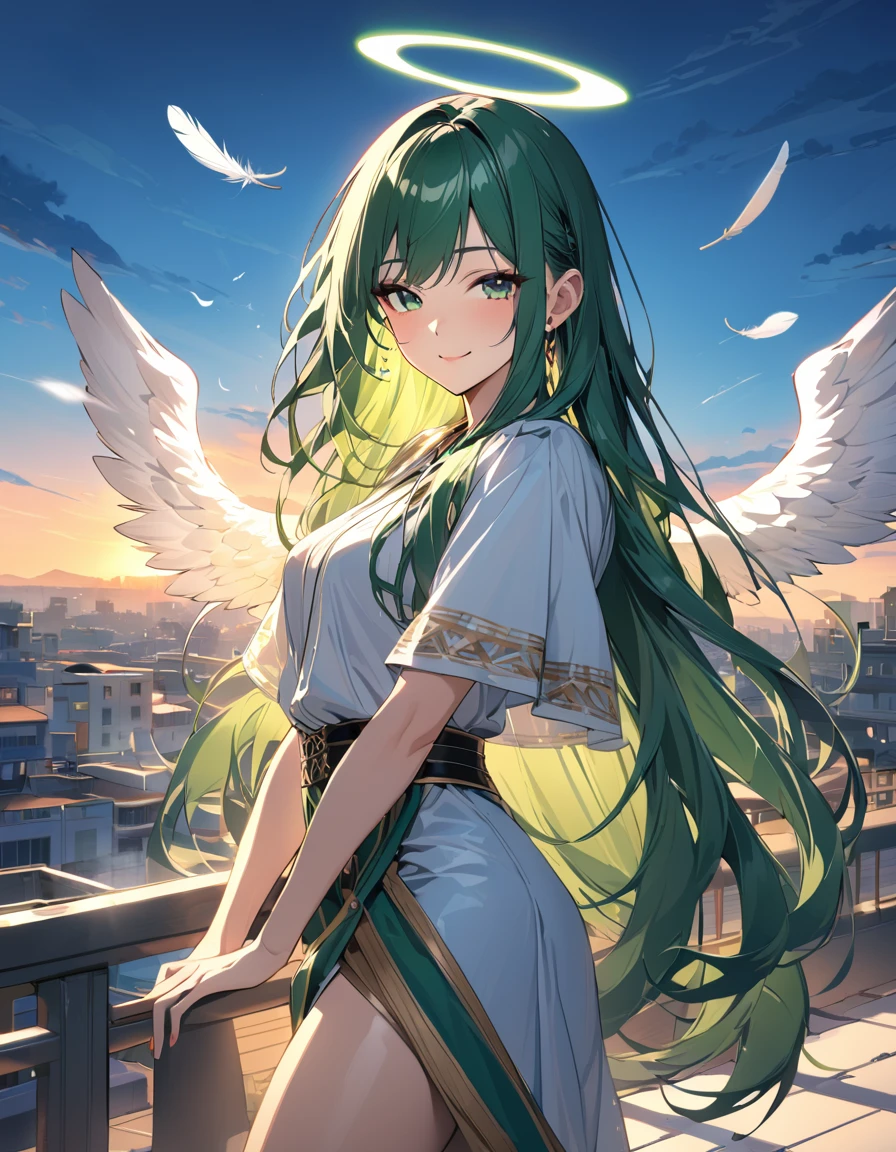 (masterpiece)、(absurdres)、(ultra detailed)、(8k),((Woman with angel wings:1.2)),Floating white feathers:1.4,(soft lighting:1.2),smiling with head tilted,cowboy shot,(Greek national costume:1.2),Hagging knees:1.1,front,looking viewer:0.7,Rooftop of a building,sunset city,(shiny dark green hair),(dark green eyes),(straight long hair),half-closed eyes,blowing wind,