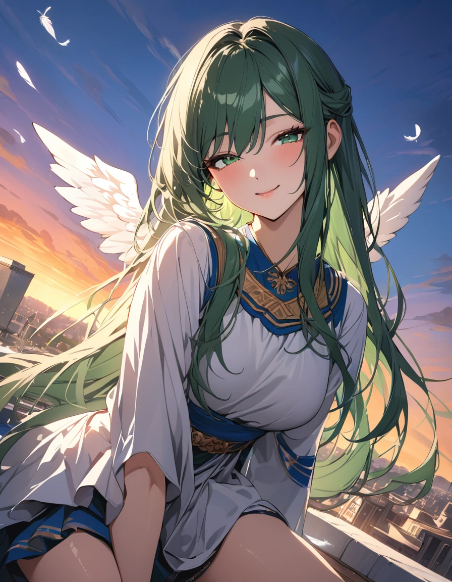 (masterpiece)、(absurdres)、(ultra detailed)、(8k),((Woman with angel wings:1.2)),Floating white feathers:1.4,(soft lighting:1.2),smiling with head tilted,cowboy shot,(Greek national costume:1.2),Hagging knees:1.1,front,looking viewer:0.7,Rooftop of a building,sunset city,(shiny dark green hair),(dark green eyes),(straight long hair),half-closed eyes,blowing wind,