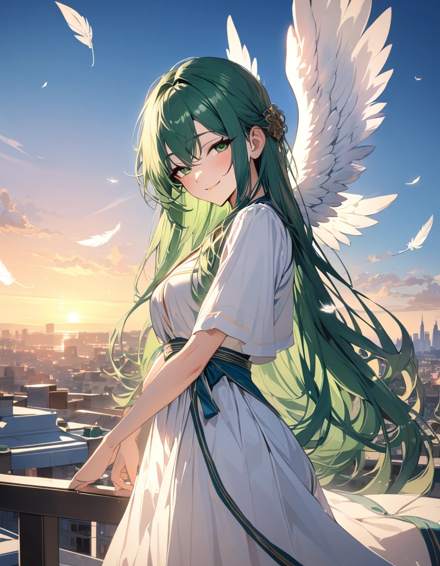(masterpiece)、(absurdres)、(ultra detailed)、(8k),((Woman with angel wings:1.2)),Floating white feathers:1.4,(soft lighting:1.2),smiling with head tilted,cowboy shot,(Greek national costume:1.2),Hagging knees:1.1,front,looking viewer:0.7,Rooftop of a building,sunset city,(shiny dark green hair),(dark green eyes),(straight long hair),half-closed eyes,blowing wind,