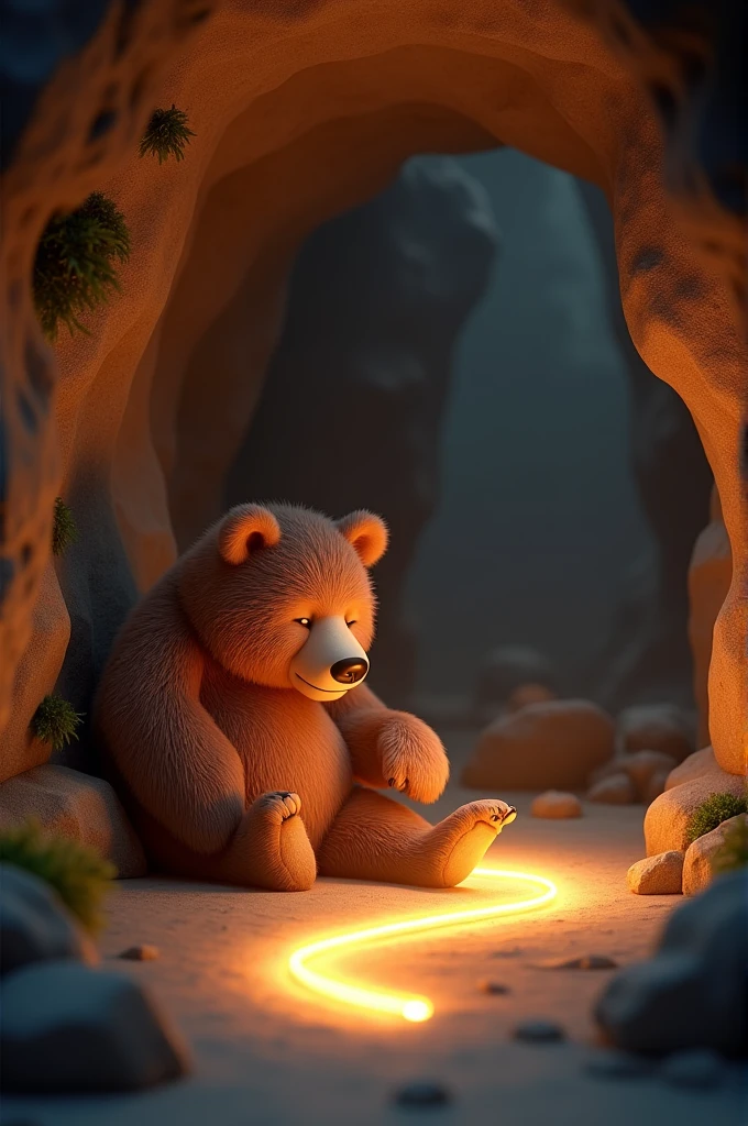 Need a 3D animation style-The Sleepy Bear’s Cave**: A cozy, dimly lit cave with a large, sleepy bear who lazily points to a glowing trail on the cave floor leading to the next clue.