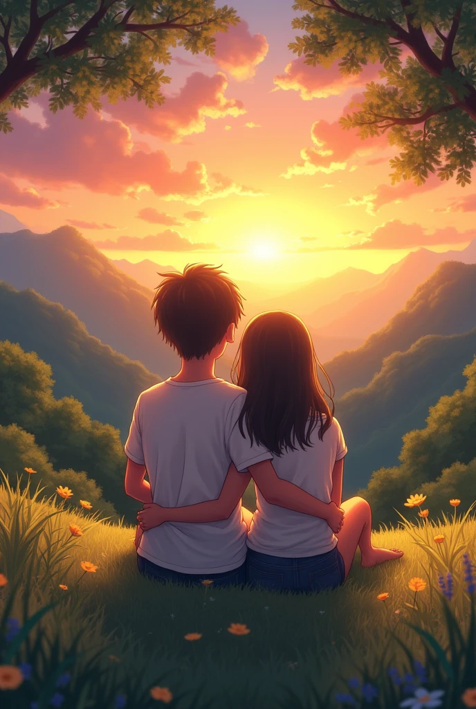 A cute  boy sitting in very peace area with masterpiece nature view with girl sitting togather looking sunset view have hug in loving way