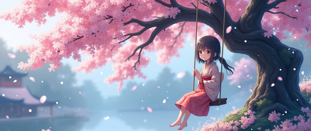 "Create a beautiful anime-style image of a young girl sitting on a swing under a cherry blossom tree, with snowflakes gently falling around. The scene should be in a Japanese aesthetic, showcasing delicate and vibrant colors, with the cherry blossoms in full bloom and the snowfall adding a serene, magical atmosphere."