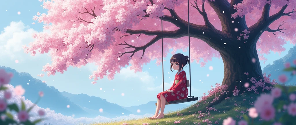 "Create a beautiful anime-style image of a young girl sitting on a swing under a cherry blossom tree, with snowflakes gently falling around. The scene should be in a Japanese aesthetic, showcasing delicate and vibrant colors, with the cherry blossoms in full bloom and the snowfall adding a serene, magical atmosphere."