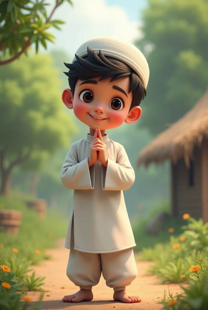 A 15- boy wearing white prayer punjabi pajama and cap, pointing down with two fingers and smiling, with trees and hut behind him