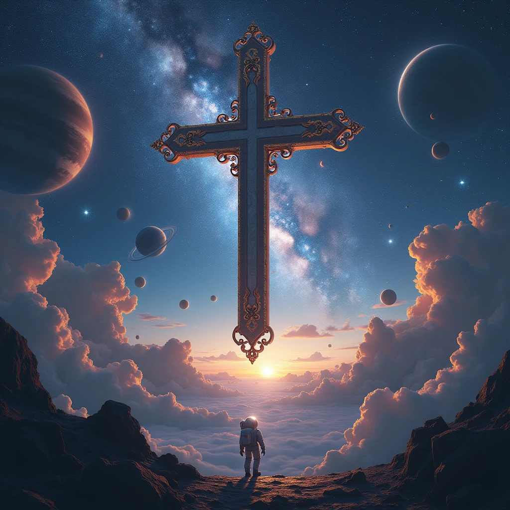 The Cross , in outer space , planets , stars , constellations , an astronaut
