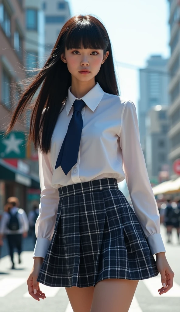 (Blunt bangs, Princess Bang))), (((Very heavy,Voluminous bangs:1.1))),(((very long, Very heavy,Very voluminous side locks:1.1))),, Hime cut, Straight bangs hairstyle, People with round faces and plain bangs, dull with long hair、Bangs cut straight,))High Fashion Portrait, (Highest quality, detailed,masterpiece:1.2), Realistic, 1 person, Beautiful woman, high school girl,Full Body Shot, Fashion Model, Dynamic pose, break small head, break (detailed buttocks, detailed legs, detailed body line, Beautiful breasts, , Beautiful muscular legs, Beautiful legs, Creates a sculptural beauty:1.2), Beautiful white, silky skin, A slim and beautiful neck, (Full Body Shot, Dynamic pose:1.2), break Opt for a sleek, (((High School Uniformの白い半袖のカッターシャツ, Navy blue tie, socks, High School Uniform: 1.2, Navy blue tartan check skirt,White headphones hanging around his neck))) , Sharp angles and a sleek finish give it a futuristic feel., break small head, detailed face, ((Full body photo))((Directly facing)))looking at the camera,masterpiece，Highest quality，8k，クレイジーなdetailed，複雑なdetailed，超detailed，super quality，High detail(((The hem of the skirt is fluttering in the wind,))Costume,))looking at the camera(Realistic、Realistic:1.37)、,Highest quality, figure, 超detailedな, finely, 完璧なダイナミックな構figure, ((Taken in the middle of the scramble intersection)), Beautiful and fine details,Expressionless,Model body type,, ,Women are paying attention, Her face is beautiful and delicate，Showing an otherworldly beauty。,Female model standing in a crowded city street,, Hair is fluttering in the wind,Fashion Model,looking at the camera,masterpiece，A bit backlit,The tip of her hair is visible