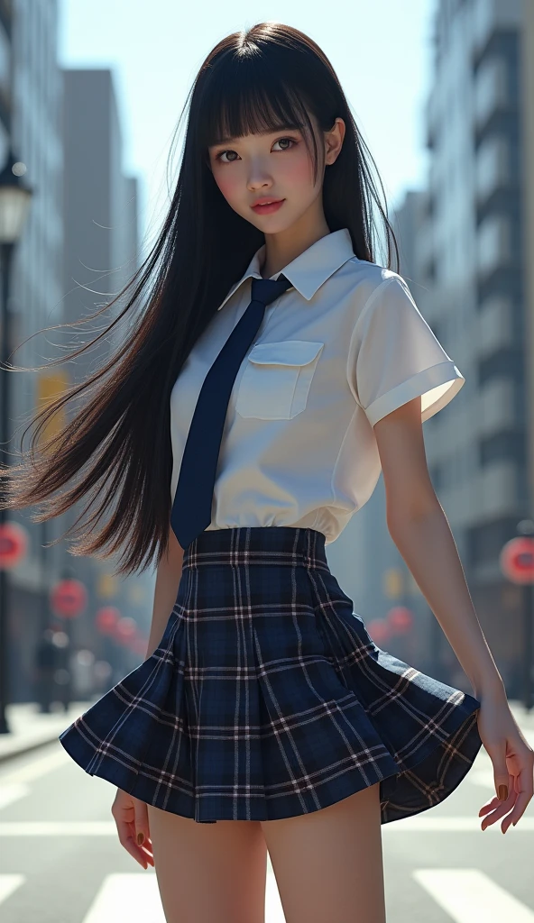 (Blunt bangs, Princess Bang))), (((Very heavy,Voluminous bangs:1.1))),(((very long, Very heavy,Very voluminous side locks:1.1))),, Hime cut, Straight bangs hairstyle, People with round faces and plain bangs, dull with long hair、Bangs cut straight,))High Fashion Portrait, (Highest quality, detailed,masterpiece:1.2), Realistic, 1 person, Beautiful woman, high school girl,Full Body Shot, Fashion Model, Dynamic pose, break small head, break (detailed buttocks, detailed legs, detailed body line, Beautiful breasts, , Beautiful muscular legs, Beautiful legs, Creates a sculptural beauty:1.2), Beautiful white, silky skin, A slim and beautiful neck, (Full Body Shot, Dynamic pose:1.2), break Opt for a sleek, (((High School Uniformの白い半袖のカッターシャツ, Navy blue tie, socks, High School Uniform: 1.2, Navy blue tartan check skirt,White headphones hanging around his neck))) , Sharp angles and a sleek finish give it a futuristic feel., break small head, detailed face, ((Full body photo))((Directly facing)))looking at the camera,masterpiece，Highest quality，8k，クレイジーなdetailed，複雑なdetailed，超detailed，super quality，High detail(((The hem of the skirt is fluttering in the wind,))Costume,))looking at the camera(Realistic、Realistic:1.37)、,Highest quality, figure, 超detailedな, finely, 完璧なダイナミックな構figure, ((Taken in the middle of the scramble intersection)), Beautiful and fine details,Expressionless,Model body type,, ,Women are paying attention, Her face is beautiful and delicate，Showing an otherworldly beauty。,Female model standing in a crowded city street,, Hair is fluttering in the wind,Fashion Model,looking at the camera,masterpiece，A bit backlit,The tip of her hair is visible