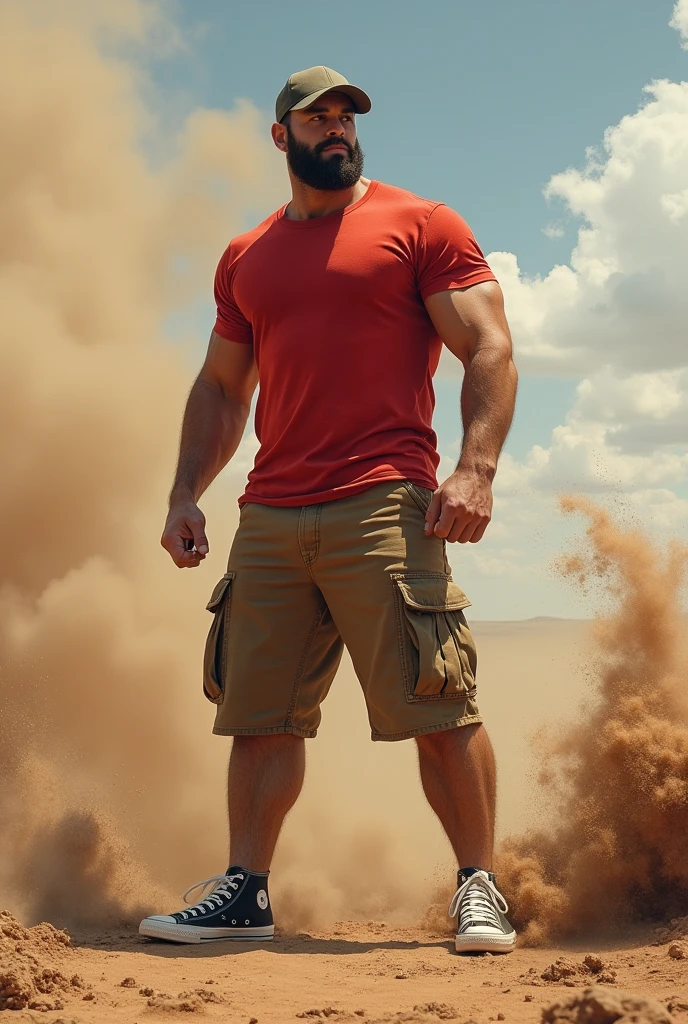 Muscular man wearing a shirt with long shorts Long loose shorts With pockets on the sides with converse sneakers red T-shirt and brown shorts Long short, Normal musculature With beard and baseball cap Realistic musculature It falls into a crater on the ground kicking up dust 