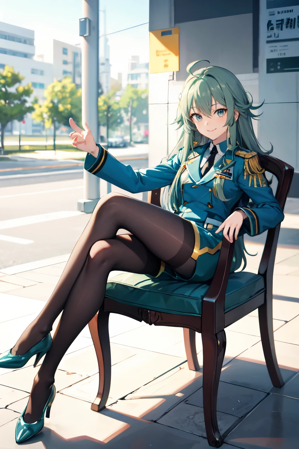 masterpiece, Highest quality, High resolution, Urine 1, One person, Myolin Remblanc, Astichia's uniform, alone, Long Hair, Grey Eyes, Grey Hair, Ahoge, Seamed legwear, Green shorts, tie, bangs, Hair between the eyes, Black Pantyhose, Long sleeve, Green jacket, Floating Hair, red tie, Outdoor, Chair, Sitting, Crossing your legs, smile, (Gundam:1.2),