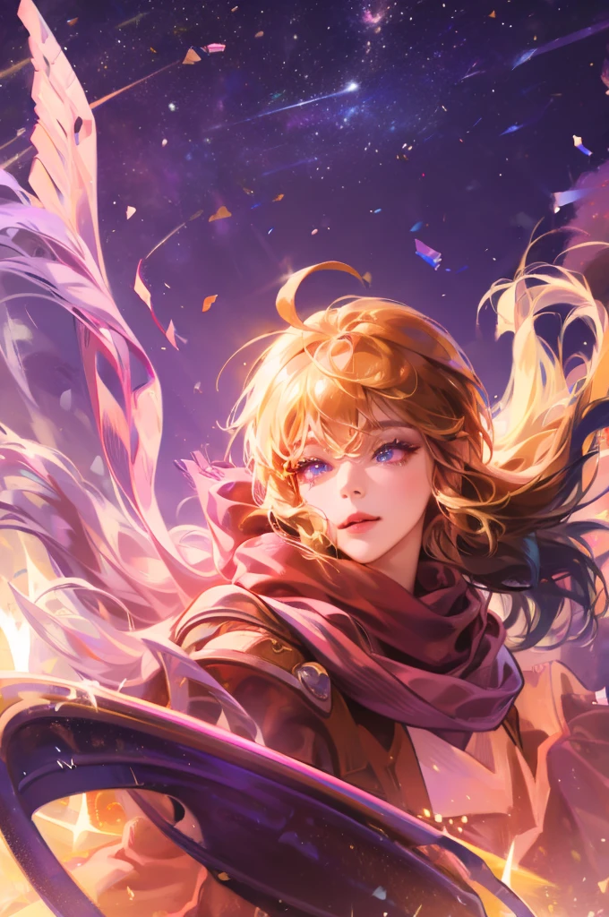 1 girl,ahoge,bangs,blond,blowing a kiss,Blue eyes,Blue scarf,Brown scarf,,Shut up,eyelash,Face,flowing hair,hair between eyes,Heart,lips,lipstick,long hair,looking at the audience,make up,night sky,nose,close one eye,orange scarf,Pink Lips,Pink scarf,portrait,purple eyes,realistic,red lips,红scarf,scarf,sign,Smile,solo, space, Talking Heart, star(Sky), starry sky, Upper body, watermark, Yang Xiaolong, Yellow scarf