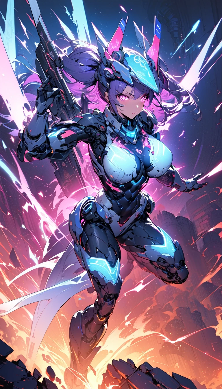 best quality,4k,8k,highres,masterpiece:1.2),ultra-detailed, extremely detailed eyes, extremely detailed body, (large masterpiece digital art), (detailed manga illustration), (detailed line art), ((perfect anatomy)), high quality, expressive eyes, full body, tall girl, detailed face, beautiful face, perfect face, breasts, cleavage, gloves, A photograph of mid-twenties Japanese female android made of shiny white and silver translucent glass and plastic, geisha makeup and hairstyle, silver metal internal body mechanisms, dynamic pose, flowing organic construction, glowing golden circuitry, colorful neon trim, glowing circuitry, neon trim, depth of field focus f/2.8, art by H.R. Giger, Greg Rutowski, bodysuit, thick thighs, toned, emblem, cinematic lighting, dynamic lighting, 4k resolution, dynamic pose, weapon, energy weapon, cover, mecha musume, fortified suit, mechanical parts, headgear, robot joints, bodysuit, deva battle suit, gloves,