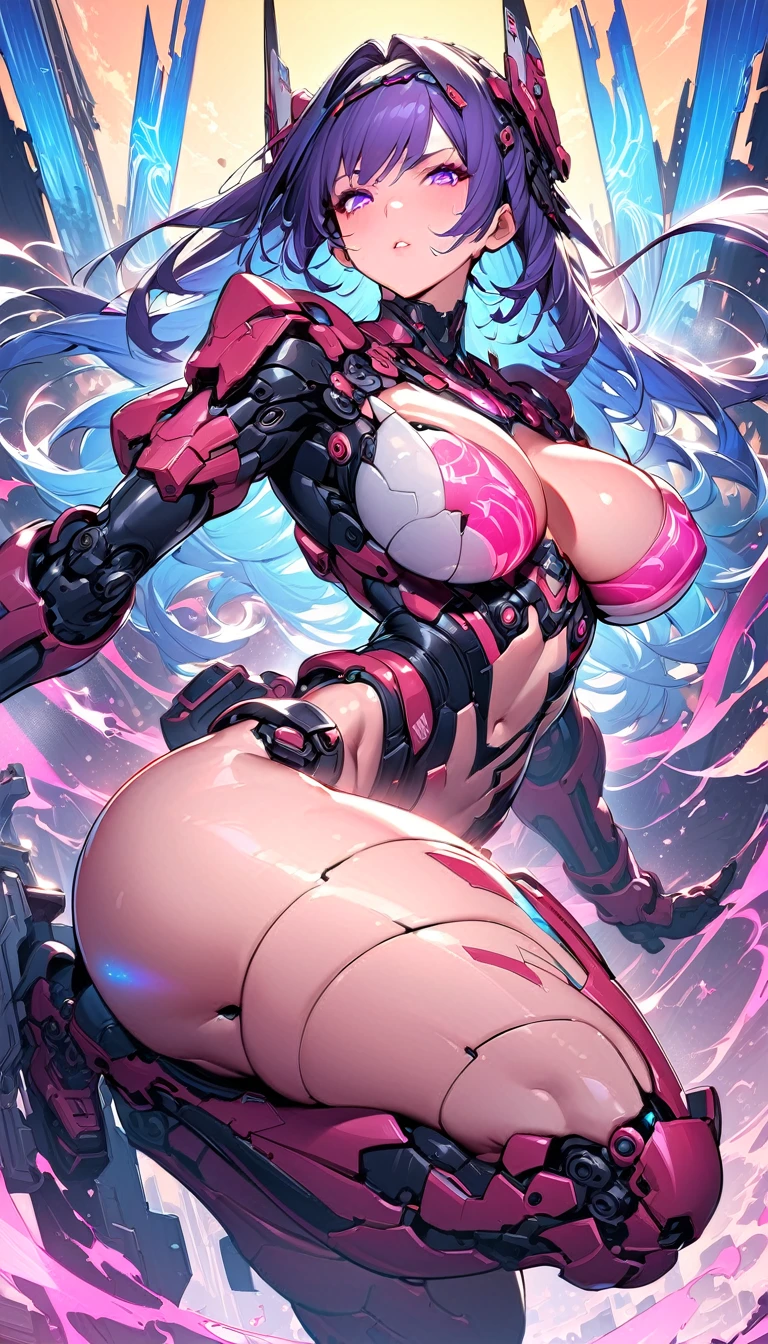 best quality,4k,8k,highres,masterpiece:1.2),ultra-detailed, extremely detailed eyes, extremely detailed body, (large masterpiece digital art), (detailed manga illustration), (detailed line art), ((perfect anatomy)), high quality, expressive eyes, full body, tall girl, detailed face, beautiful face, perfect face, breasts, cleavage, gloves, A photograph of mid-twenties Japanese female android made of shiny white and silver translucent glass and plastic, geisha makeup and hairstyle, silver metal internal body mechanisms, dynamic pose, flowing organic construction, glowing golden circuitry, colorful neon trim, glowing circuitry, neon trim, depth of field focus f/2.8, art by H.R. Giger, Greg Rutowski, bodysuit, thick thighs, toned, emblem, cinematic lighting, dynamic lighting, 4k resolution, dynamic pose, weapon, energy weapon, cover, mecha musume, fortified suit, mechanical parts, headgear, robot joints, bodysuit, deva battle suit, gloves,