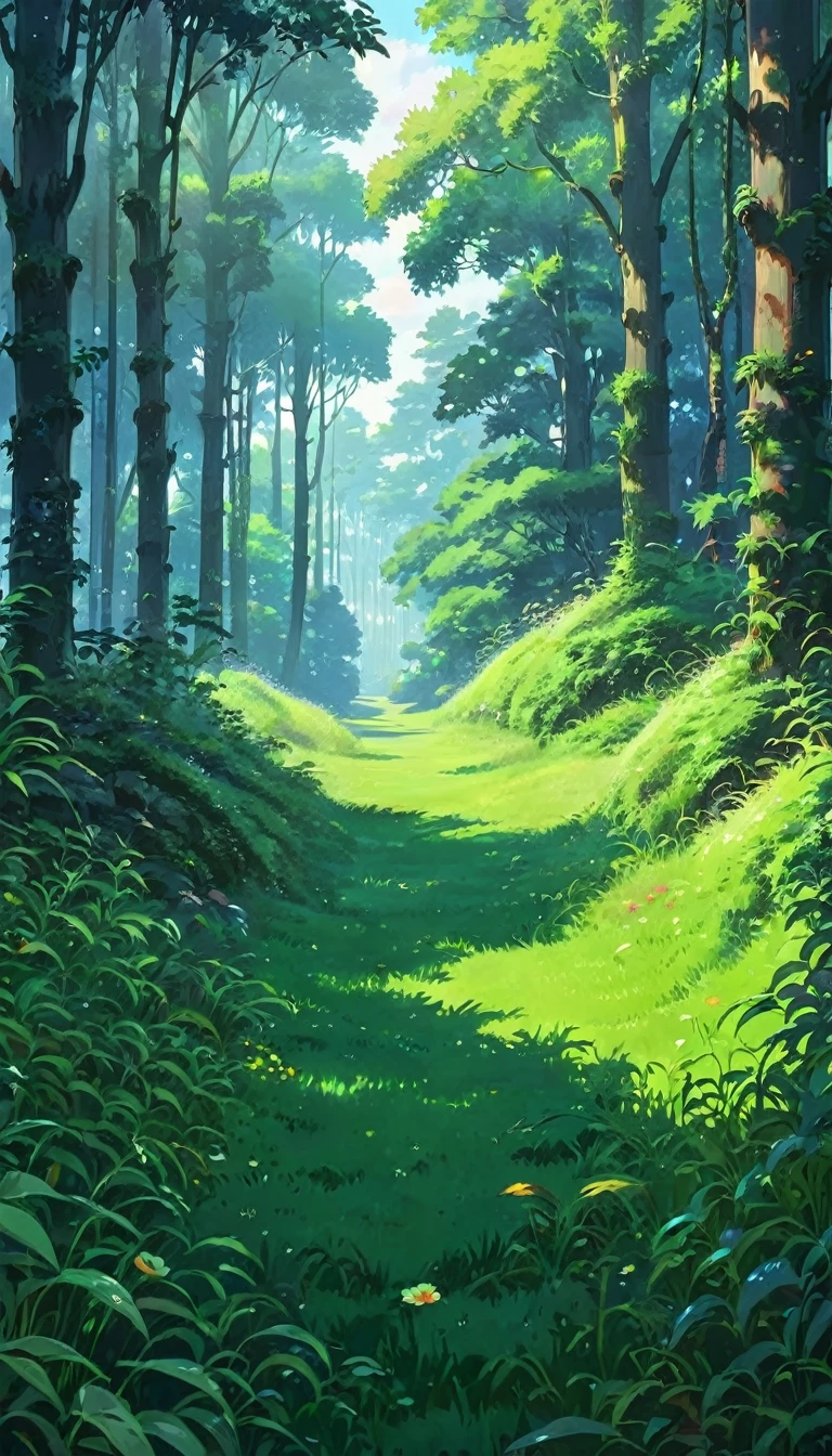 Deep in the forest,Overgrown grass,Midnight,Studio Ghibli Style,unmanned,Grass all around,A patch of grass where you can't see the road