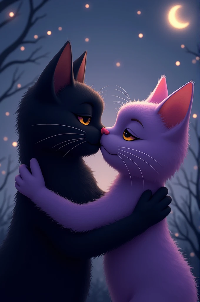black male cat hug and kiss with soft smile and eyes close purple female cat with beautiful night background