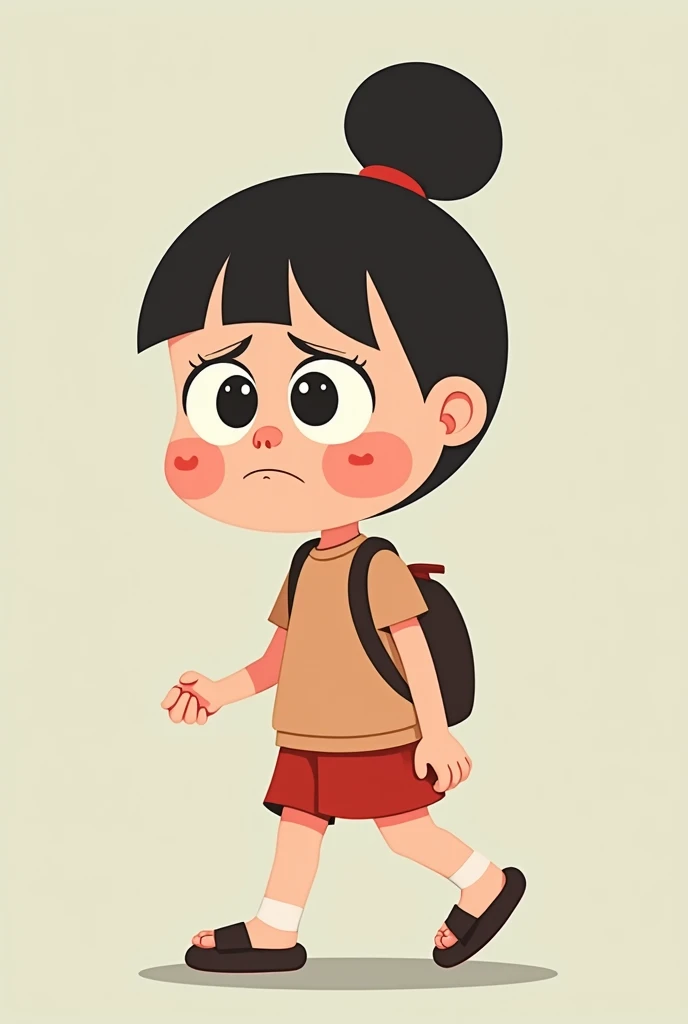 Girl walking going to school only woth slippers sad (cartoon)  (ONE bun hair) close up 1D only no shadow