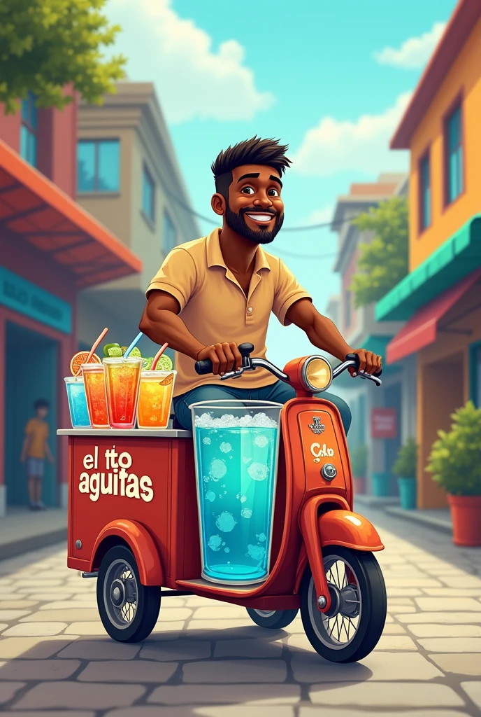 Logo of a dark-skinned man on a tricycle selling flavored water in glass vendors on the street with the name of his business in Spanish “EL TÍO AGÜITAS”