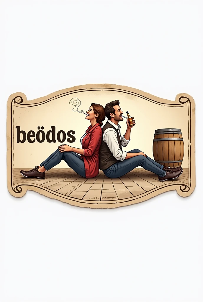 Generate a realistic style logo etiqueta de cerveza antigua of a man feliz sitting on the floor smoking a cigarette, woman feliz sitting on the floor drinking a bottle of whiskey, back to back,text "BEODOS", barril de cerveza,