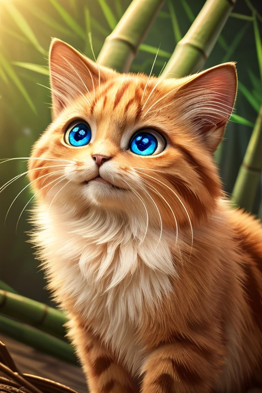 (Highest quality、masterpiece、8k))、Anatomically correct、Very detailed、High resolution、Cinema Lighting、Realistic、((beautiful, Sparkling, Detailed eyes))、Intricate details、((Dynamic configuration))、Bamboo forest in Kyoto、Cute kitten、Crafty Pose、Three-haired cat、＃Cartoon、