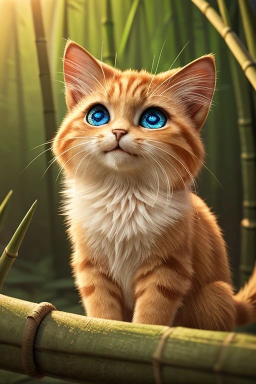 (Highest quality、masterpiece、8k))、Anatomically correct、Very detailed、High resolution、Cinema Lighting、Realistic、((beautiful, Sparkling, Detailed eyes))、Intricate details、((Dynamic configuration))、Bamboo forest in Kyoto、Cute kitten、Crafty Pose、Three-haired cat、＃Cartoon、