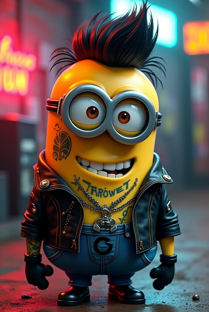 Draw me a Minion in psychobilly style with rockabilly hairstyle