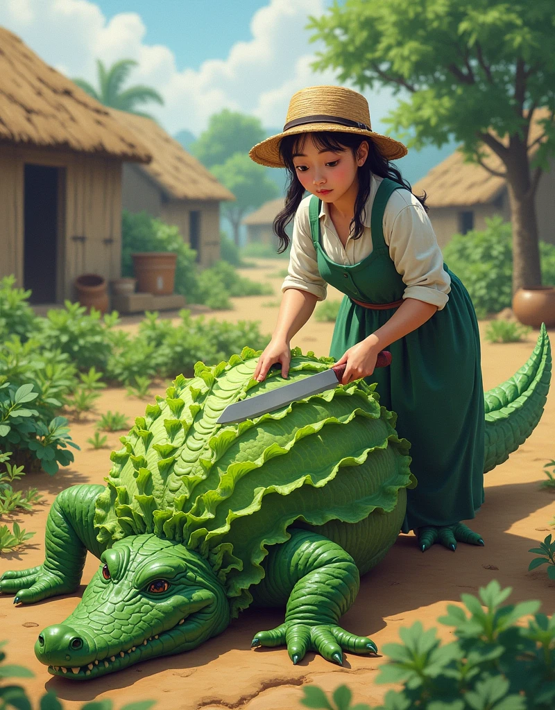 "In a quaint village setting, a woman is seen in the middle of a farm or a field. She is holding a knife and is in the act of slicing a large crocodile, which is entirely made of cabbage. The crocodile's body is composed of layered cabbage leaves and has a realistic shape but with a vegetable texture. The background features traditional village elements, such as simple houses, trees, and maybe some farming tools. The scene should be vibrant and colorful, with the fresh greens of the cabbage contrasting against the earthy tones of the village environment. The woman's attire should be traditional and practical for farm work, and her expression should be focused and determined. The overall mood should be whimsical and imaginative, blending the ordinary with the fantastical."