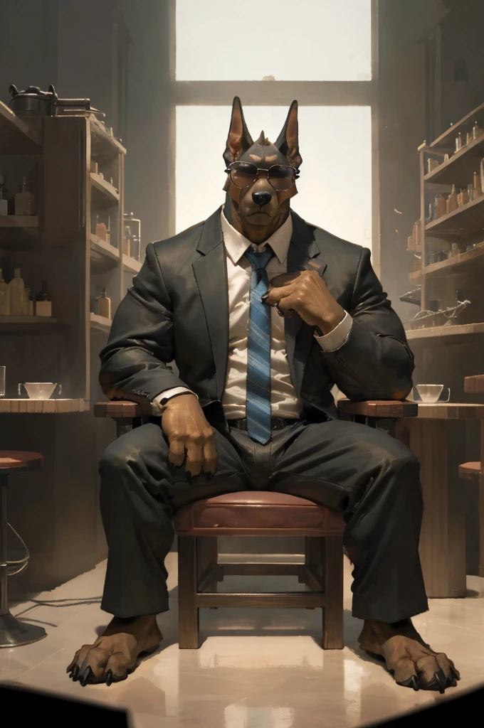 By Taran Fiddler, Solo, Anthro, Dobermann breed, Anthro Doberman, canine, male, Muscular, Wearing suit and tie, pure red tie, wearing sunglasses, dark tinted glasses, shady glasses, sitting with head in palm, bored facial expression, club in the background, party in the background, focus on character