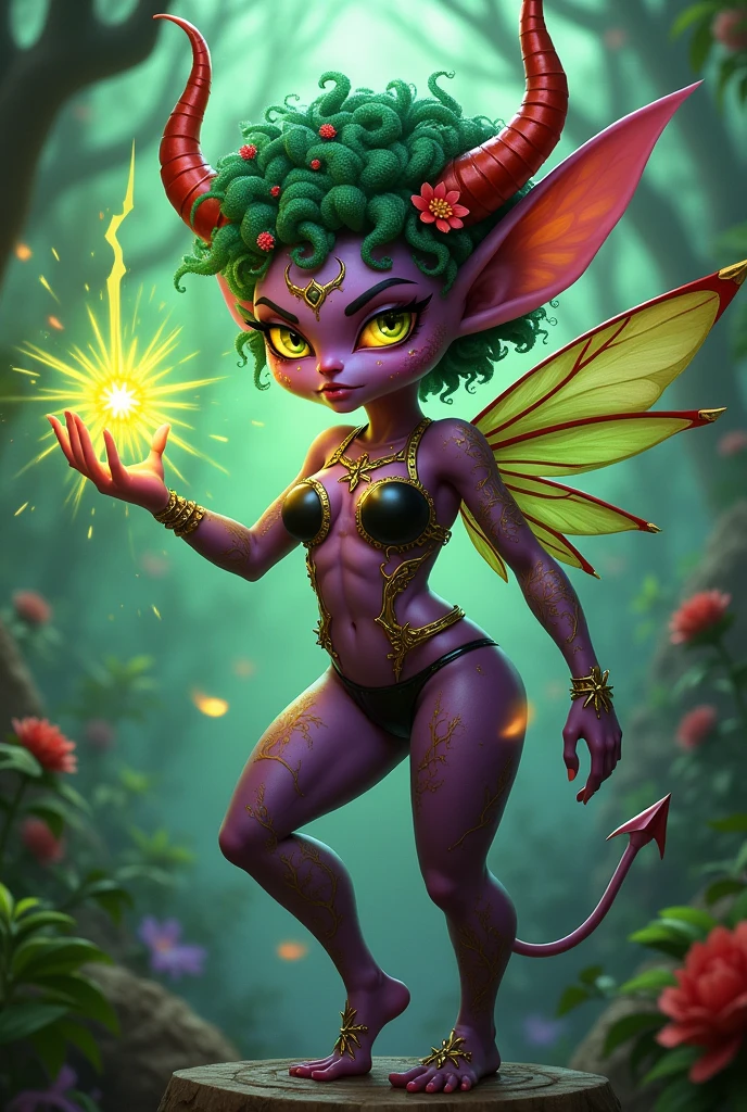 Prismatic coloration. Jungle like environment. A short young Gremlin like Plant woman with a Deep purple skin tone lit up with heavy miniscule starlike freckles & a set of B-cup breast bearing curvaceous hips, Slender Legs, & a round but small ass. She has short leaf green curly hair stopping at the top of her neck with various flowers growing within. She is wearing a revealing Black & Purple Bikini like armor exposing much of her chest area with Golden celestial designs & an otherworldly Tiara on her head. She has a serious face & a stern gaze in her sharp Starlike Golden Glowing eyes with black sclera & a heavy freckled form. She has long curved transparent Crystal like Blood-Red Demonic horns radiating Floral energy & a set of elegant Elven ears. She has long Ruby red vine like tattoos running all around her body accompanied by Crimson Star-like Tattoos running along them. She has a small cute nose. She has large Crystal Golden Fairy-like wings with a starlike pattern & a long dragon-like arrow-tipped tail .She is seen in a battle stance summoning verdant green Starlight magic from her fingertips