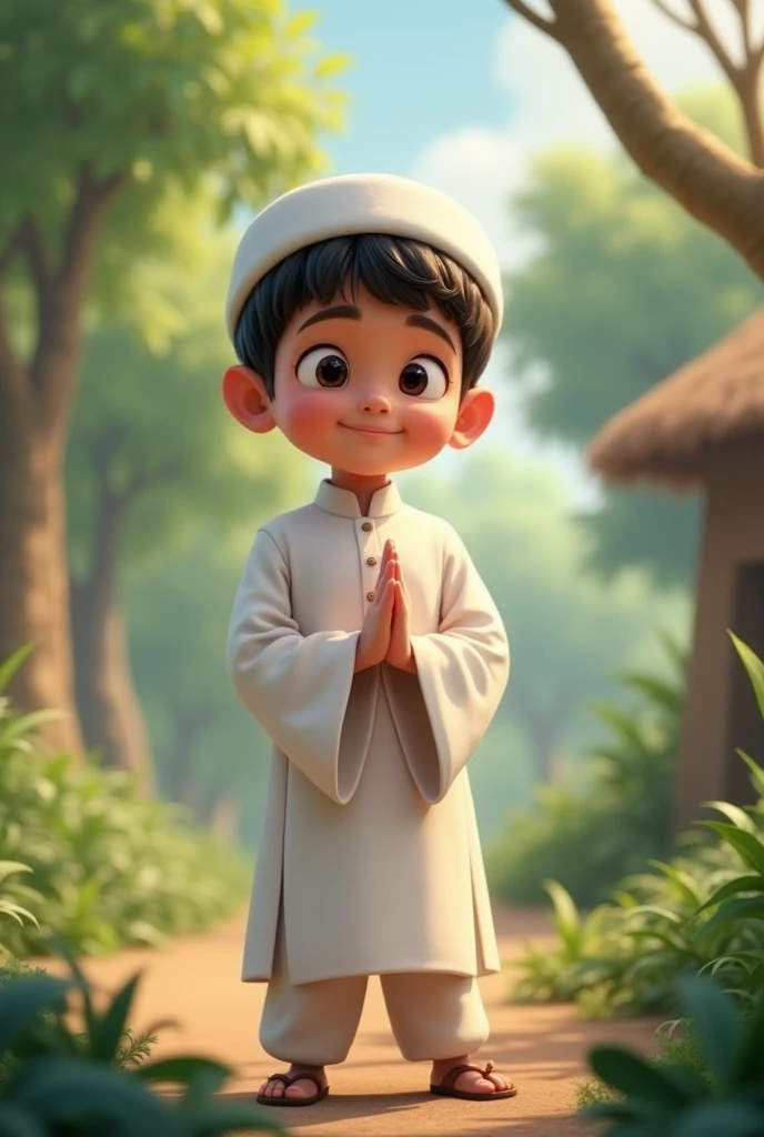 A 15- boy wearing white prayer punjabi pajama and cap, pointing down with two fingers and smiling, with trees and hut behind him