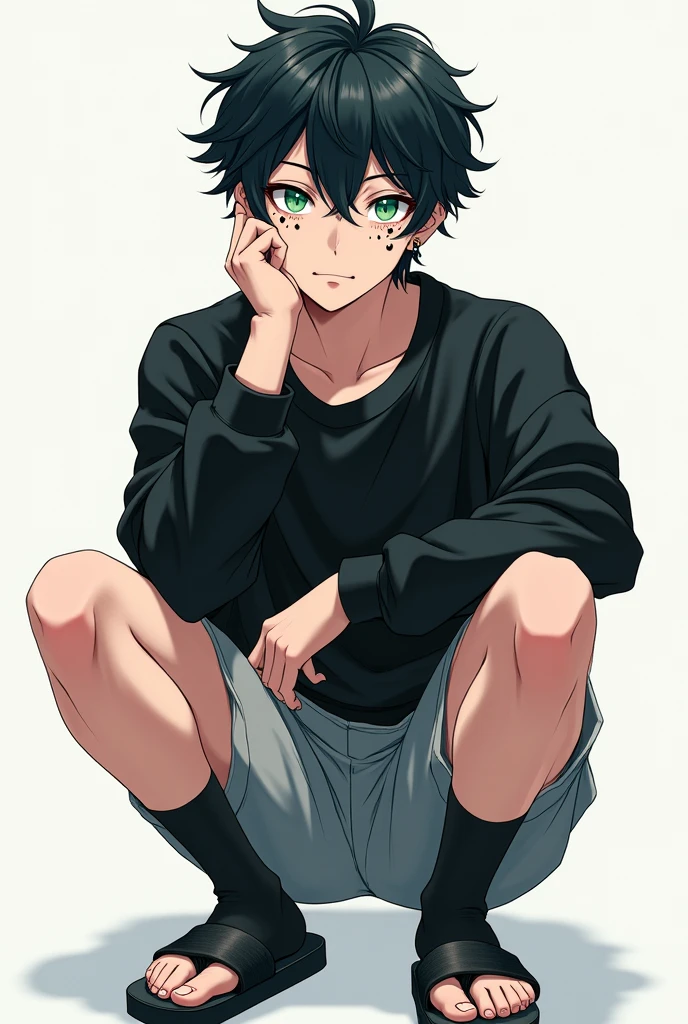 Kin has blackish hair and emerald green eyes that stand out against his snow-white skin. His face is adorned with multiple polka dots, adding a unique touch to his appeal. he usually wears a black sweatshirt, gray sports shorts, sandals with black socks, and has pierced ears with black earrings.
Handsome men. Anime men. Front angle 