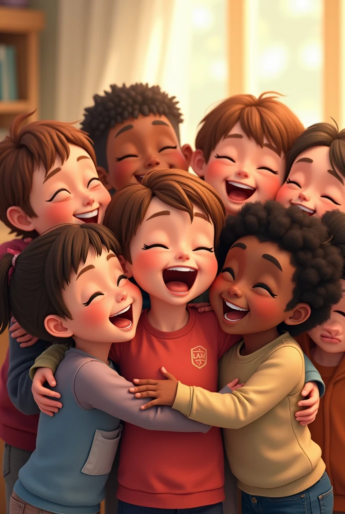 A picture of 10 to 15 kids are hug together. In that picture they are smiling and enjoying the songs