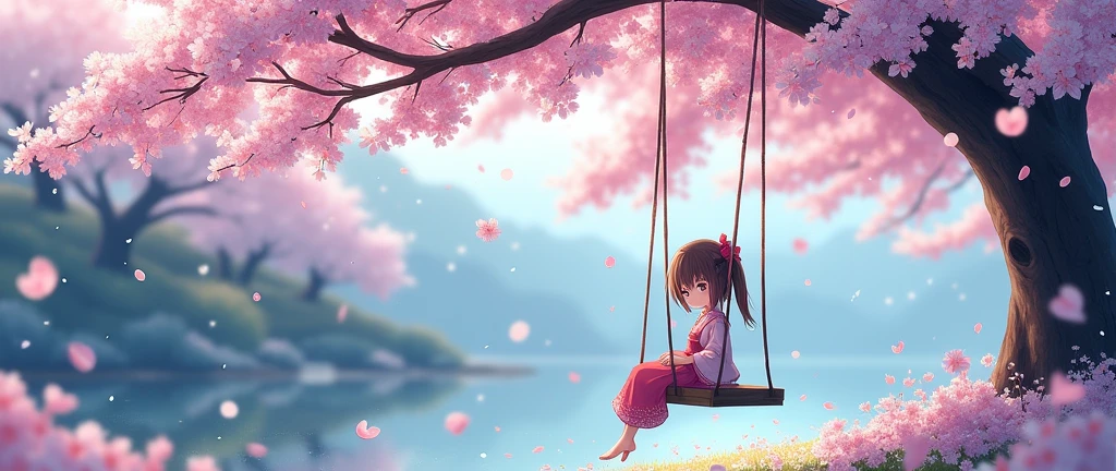"Create a beautiful anime-style image of a young girl sitting on a swing under a cherry blossom tree, with snowflakes gently falling around. The scene should be in a Japanese aesthetic, showcasing delicate and vibrant colors, with the cherry blossoms in full bloom and the snowfall adding a serene, magical atmosphere."