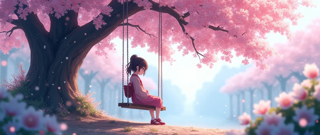 "Create a beautiful anime-style image of a young girl sitting on a swing under a cherry blossom tree, with snowflakes gently falling around. The scene should be in a Japanese aesthetic, showcasing delicate and vibrant colors, with the cherry blossoms in full bloom and the snowfall adding a serene, magical atmosphere."