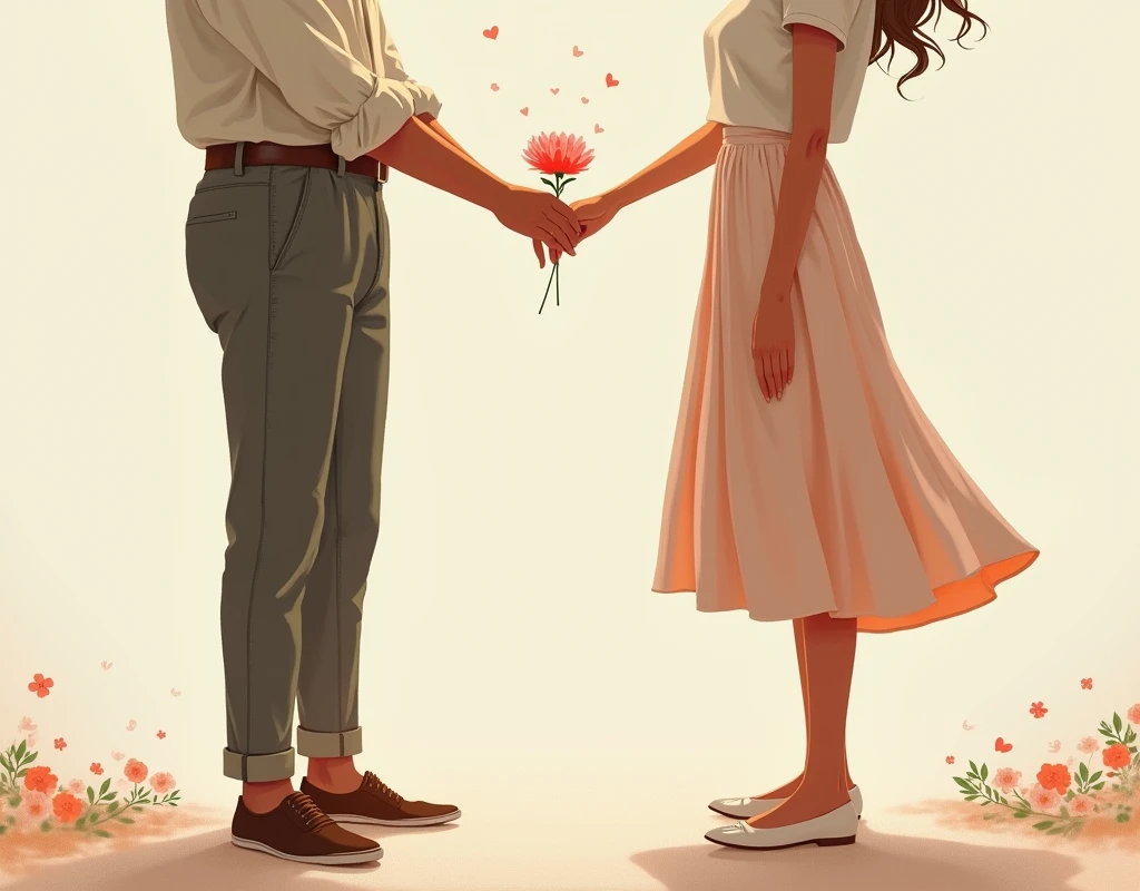 A woman and a man hold hands, the man holds a flower, the woman wears a cylinder skirt, only the skirt part is visible, the torso part is not visible.