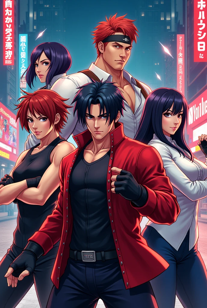 Generate an image for a YouTube channel background with 5 characters from the KoF video game