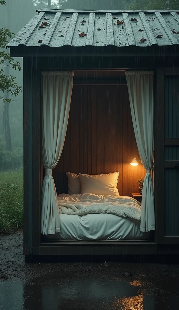 A cozy, compact space with rain tapping rhythmically on the metal roof. The enclosed, comforting environment combined with the rain’s sound makes it the ideal spot to sleep soundly.