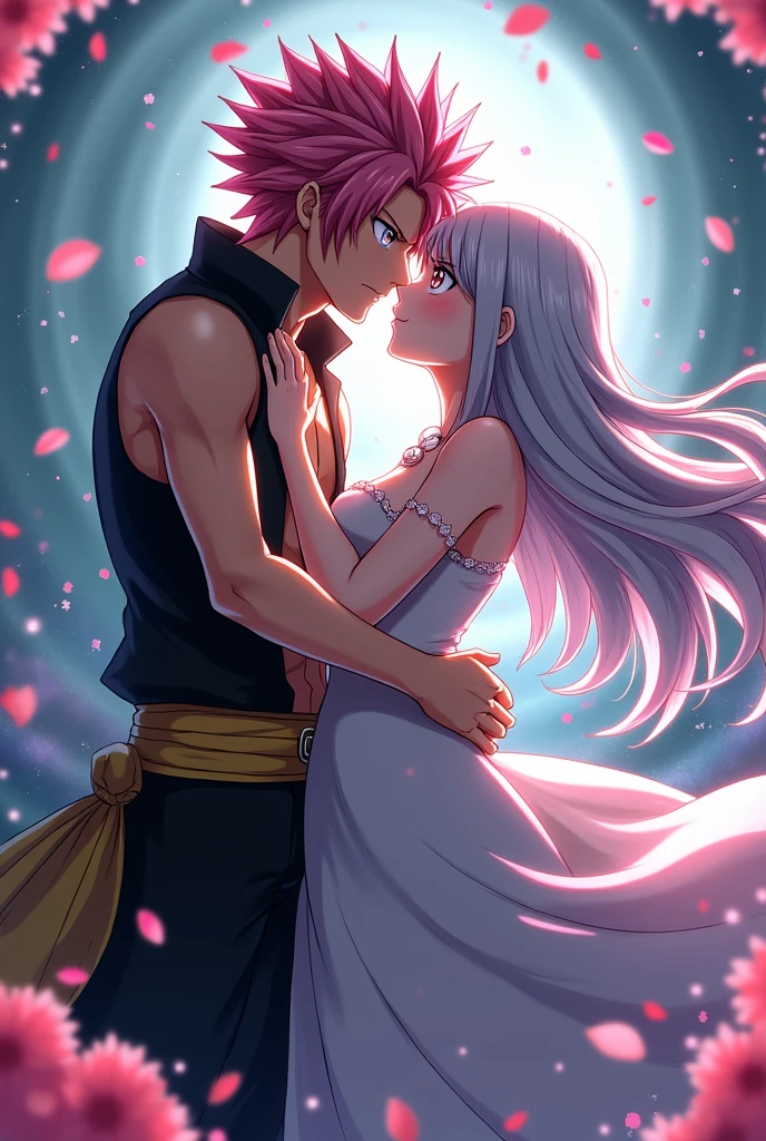 Natsu dragneel from Fairy Tail and pink hair outer moka from Rosario + Vampire kissing