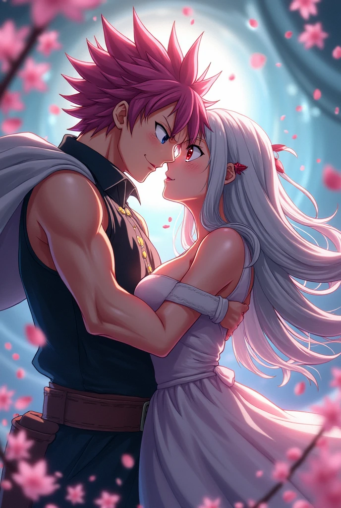 Natsu dragneel from Fairy Tail and pink hair outer moka from Rosario + Vampire kissing