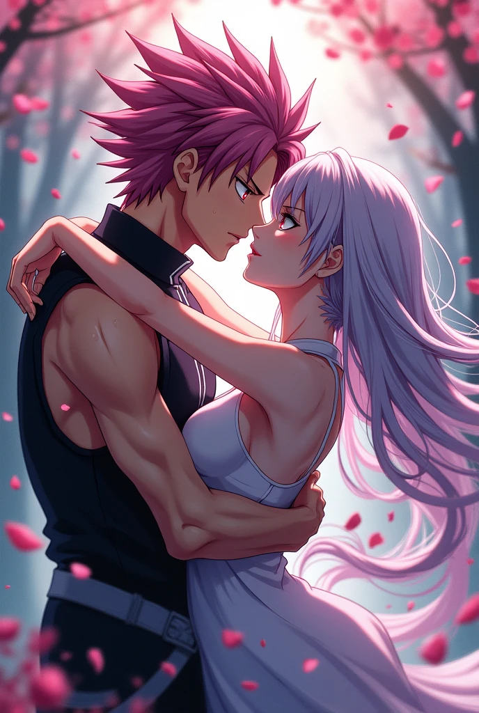 Natsu dragneel from Fairy Tail and pink hair outer moka from Rosario + Vampire kissing