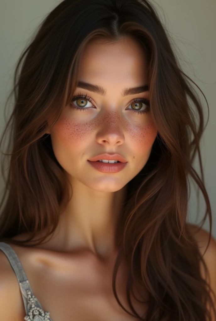 Generate me a hyper realistic woman with brown hair and honey-colored eyes, long straight hair,full body curved waist, wide legs, long eyelashes, medium mouth, few freckles,