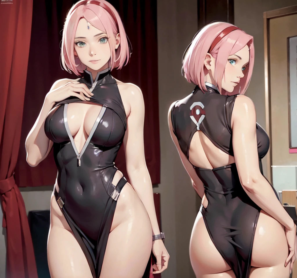 sakura haruno, exposed leg dress, maturebody, beautiful  face, sultry posing, big buttocks, illustration, high resolution, ultra detali