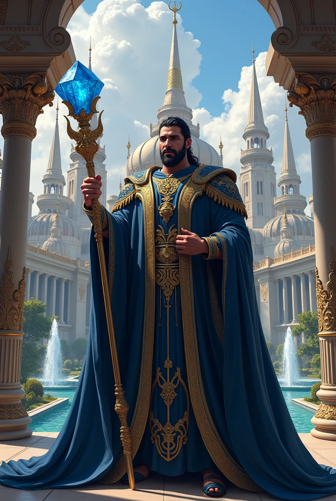 Raja: An adult man with a sharp gaze and a beard. He held a blue gemstone scepter. Robe: Long dark blue robe with gold embroidery with a lion symbol. Magnificent palace with mixed Javanese and Islamic architecture. There are towers that rise to the sky, gardens with fountains. Art Style: Realistic with a touch of Fantasy with the title MAHAKARSA