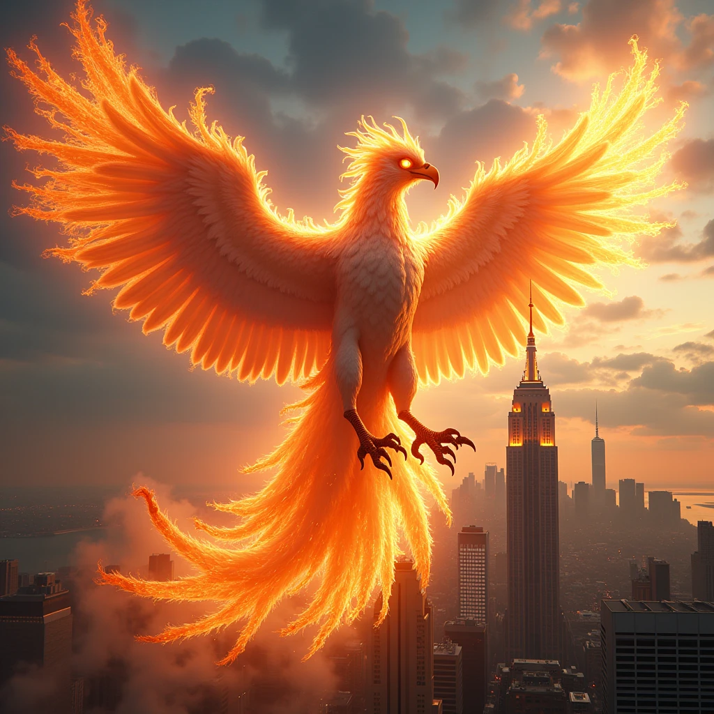Super giant mystical phoenix、Detailed burning flame bird、Detailed rainbow flames、Sharp and detailed claws、Thick and huge_Detailed thighs、Detailed large wings、Exquisite detail、Dramatic lighting、Cinematic pose、Majestic wings spread、Burning embers、Swirling smoke、Vibrant colors、Appearing in the skies over New York State、(best quality,4K,8k,highres,masterpiece:1.2),ultra-detailed,(realistic,photorealistic,photo-realistic:1.37),cinematic,dramatic lighting,vivid colors,ornate,highly detailed phoenix,intense fire effects,dramatic angles,sweeping wingspan,powerful presence