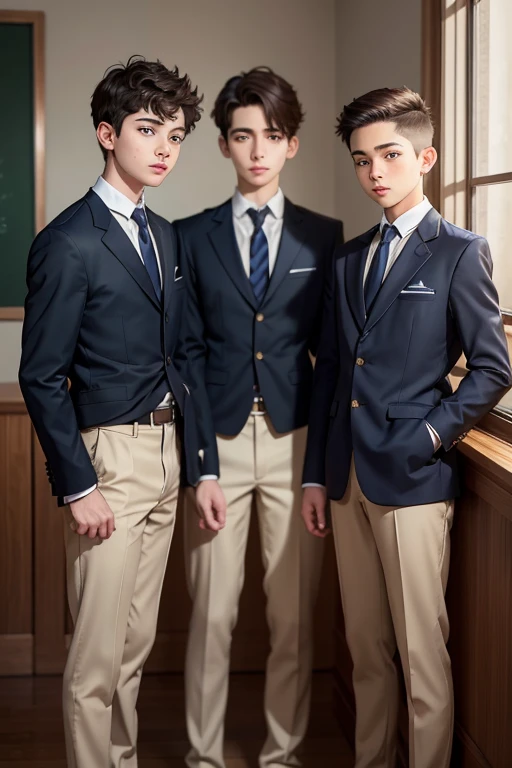 a young boy in school uniform, three young boys in school in the same age group uniform standing, extremely detailed eyes and face, beautiful detailed lips, detailed uniform, vivid colors, warm lighting, realistic, photorealistic, photo-realistic:1.37, best quality,4k,8k,highres,masterpiece:1.2,ultra-detailed,realistic photo