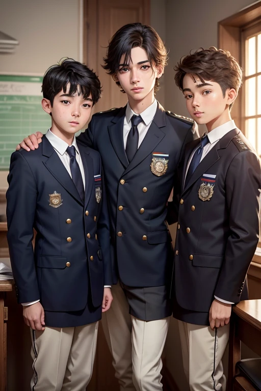a young boy in school uniform, three young boys in school in the same age group uniform standing, extremely detailed eyes and face, beautiful detailed lips, detailed uniform, vivid colors, warm lighting, realistic, photorealistic, photo-realistic:1.37, best quality,4k,8k,highres,masterpiece:1.2,ultra-detailed,realistic photo