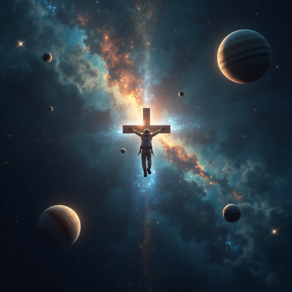 A cross , in outer space , planets , stars , constellations , an astronaut
