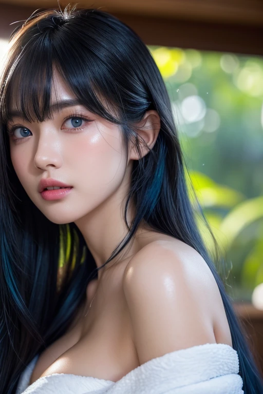1girl, solo, long hair, breasts, looking at viewer, blush, bangs, blue eyes, large breasts, long sleeves, cleavage, blue hair, standing, collarbone, japanese clothes, teeth, shiny, indoors, blunt bangs, kimono, blurry, shiny hair, v-shaped eyebrows, sash, blurry background, obi, clenched teeth, towel, straight hair, angry, yukata, towel around neck, scowl, beautiful face, tyndall effect, photorealistic, 8k uhd, dslr, high quality, volumetric lighting, candid, Photograph, high resolution, 4k, 8k, Bokeh, (hyper-realistic girl), (illustration), (high resolution), (extremely detailed), (best illustration), (beautiful detailed eyes), (best quality), (ultra-detailed), (masterpiece), (wallpaper), (photorealistic), (natural light), (rim lighting), (detailed face), (high detailed realistic skin face texture), (anatomically correct), (perfect hands), (correct fingers), (heterochromic eyes), (detailed eyes), (sparkling eyes), (dynamic pose), (loose hair:1.35), looking to viewers,