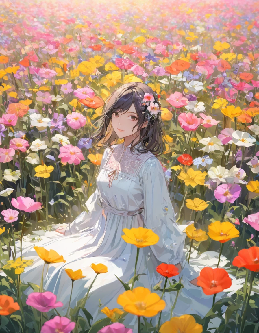 a woman sitting in a field of flowers, portrait of girl in flower field, girl sitting in a flower field, sitting in a field of flowers, girl standing in flower field, girl in a flower field, girl frontal in a flower field, in a field of flowers, in a field with flowers, girl standing in a flower field, a goddess in a field of flowers