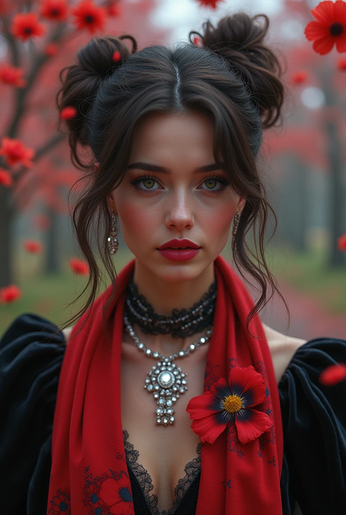 Parisian chanson singer character, digital Bohemian elegance style, poppy-patterned scarf, velvet garments, raspberry lipstick, hair in a Saturday Look updo with a diamond necklace, situated in a cyberpunk Midsummer's Mystic Forest with Slavic influences, surrounded by cherry blossoms, bioluminescent fireflies, granite lanterns, blending photorealistic and fantastical
Removed From Image
long neck,
close eyes,
blurry,
ugly,
deformed,
noisy,
distorted,
out of focus,
bad anatomy,
extra limbs,
poorly drawn face,
poorly drawn hands
missing fingers,
nudity,
nude