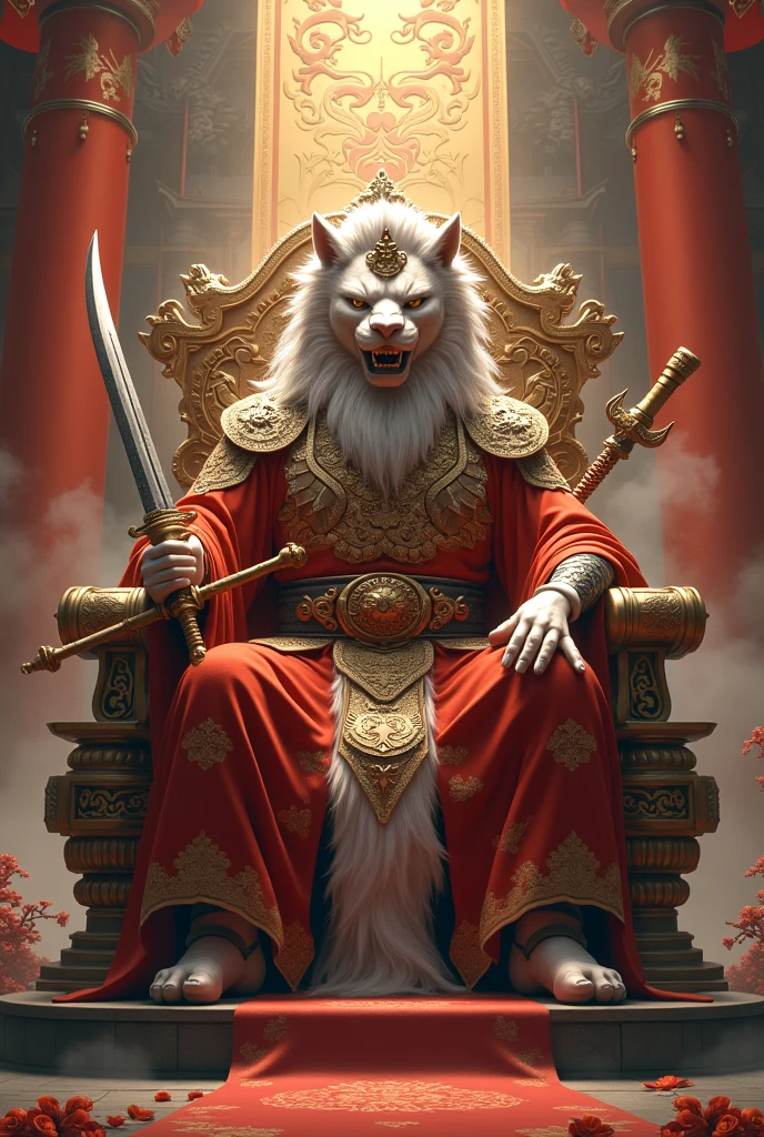 full-body shot,Lion's appearance,The human body,Ancient China,Lion spirit,(((sfw))),Holding weapons,Sitting on the throne,(((Sitting)))
