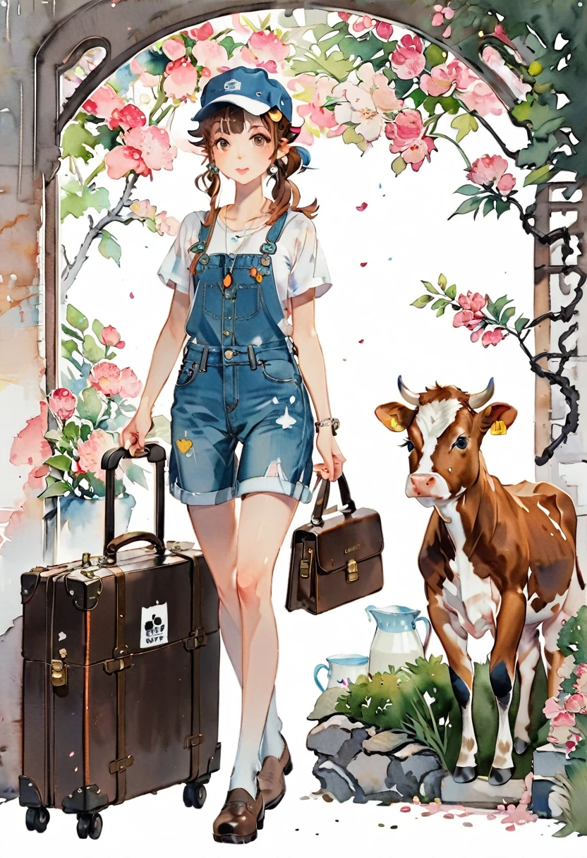 (((paper cut style))), 1 girl, short brown curry hair, cap, denim in general, milk cow, briefcase